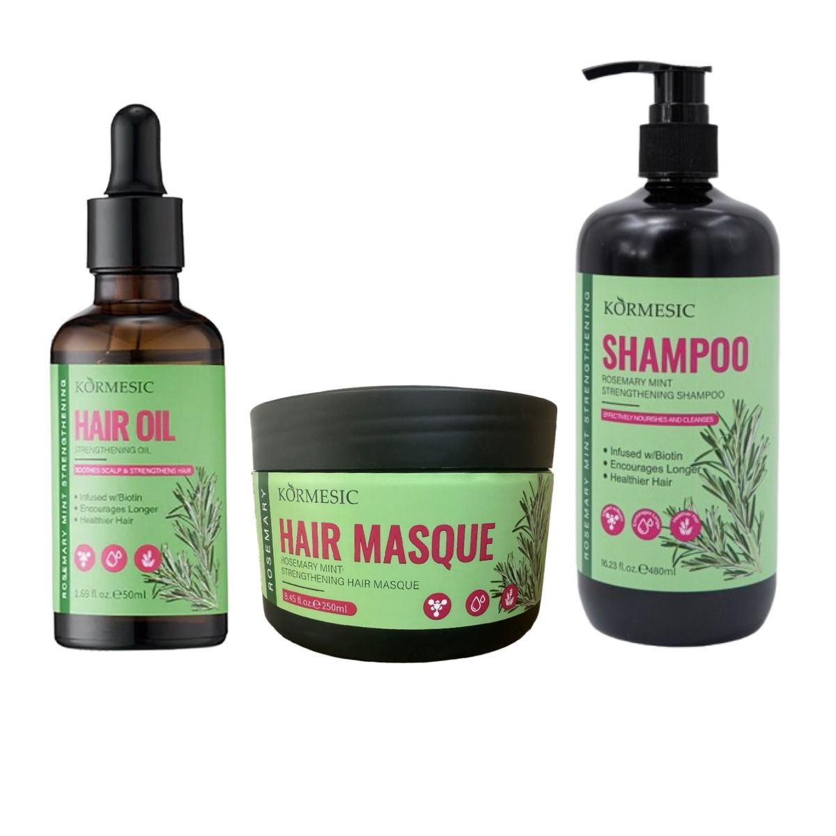 Kormesic Rosemary Mint Hair Oil, Masque and Shampoo Set