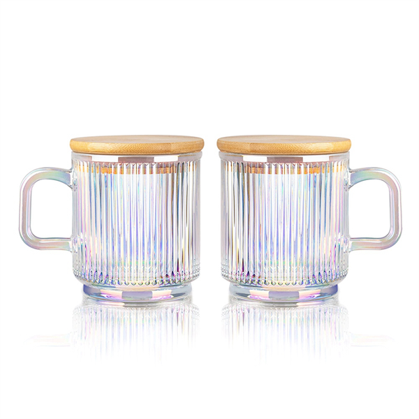 2Pc Glass Coffee Cup With Lid Mugs Ribbed With Handle For Latte Tea A