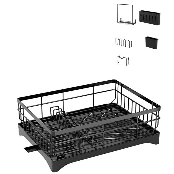 43cm Carbon Steel Kitchen Dish Drying Rack with Removable Drip Tray - Black