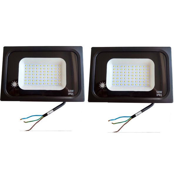 LED Flood Light(2 PCs)-Day Night Sensor Integrated, 50W/6500K White Light.