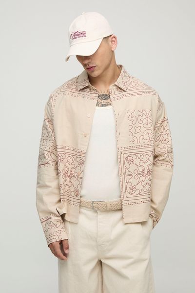 boohooMAN - Men's Boxy Linen Look Printed Collared Shirt - Natural