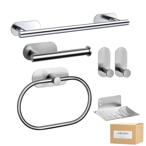Heartdeco 6-Piece Self-Adhesive Brushed Nickel Bathroom Set Stainless Steel