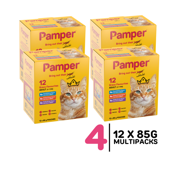 4 x Pamper Wet Cat Food Multipack Gravy Favourites Flavour (12 x 85g)