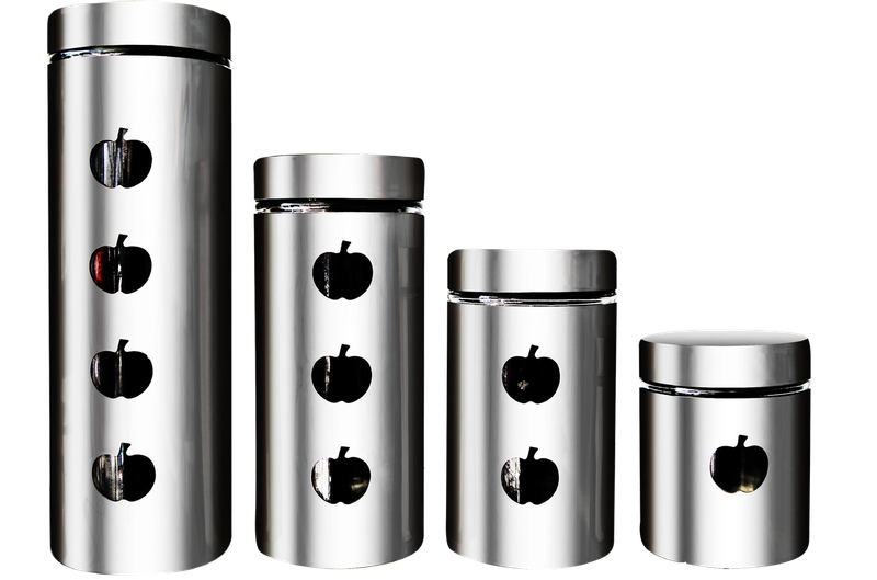Decadent 4 Piece Glass Canister Set - Polished Steel and Apple Windows