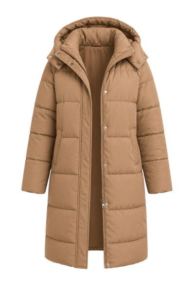 Women's Long Hooded Puffer Jacket (Camel Brown)