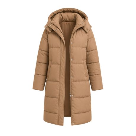 Women's Long Hooded Puffer Jacket (Camel Brown)