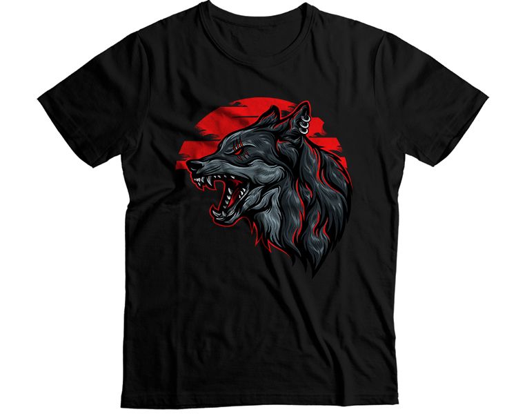 Wolf Red Moon Regular Fit Cotton Graphic T-Shirt