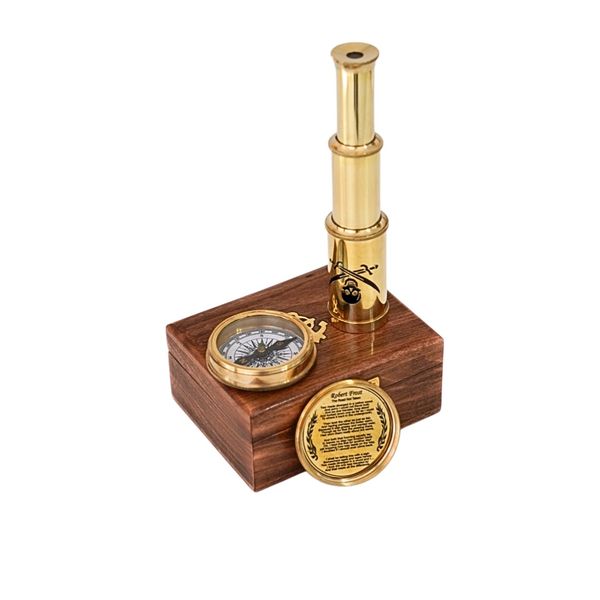 Brass Telescope &amp; Compass Martine Antique With Wooden Gift Box