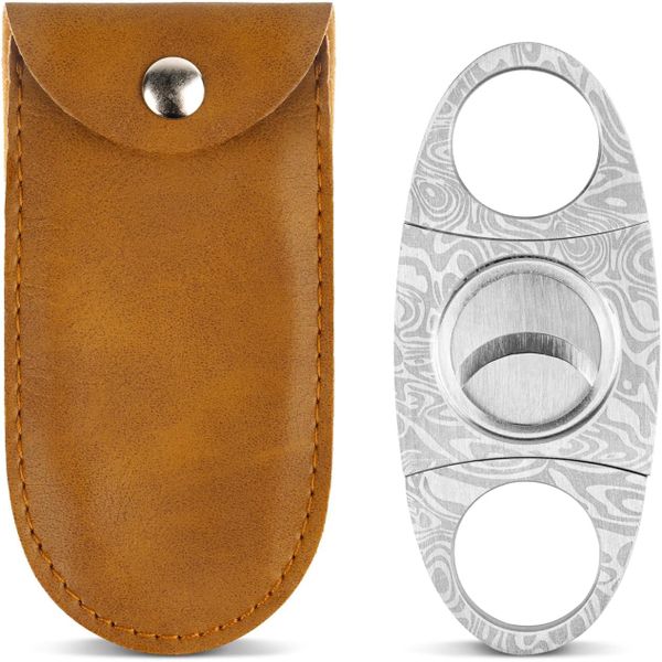 Silver Damascus Cigar Scissors, Double Blade Cuban Cigar Cutter with Pouch