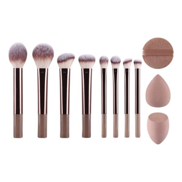 11-Piece Makeup Brush Set With Caramel Beauty Sponges - Coffee Brown