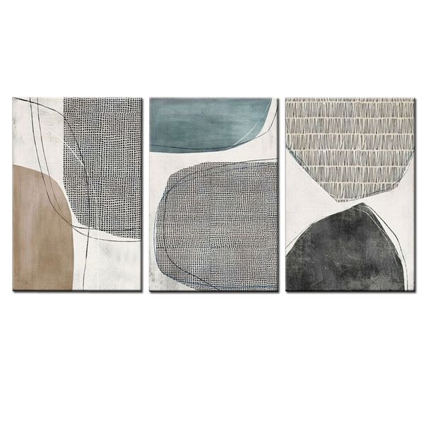 Canvas-Art- 3 Pieces Geometric Brown, Teal &amp; Beige Abstract Wall Art
