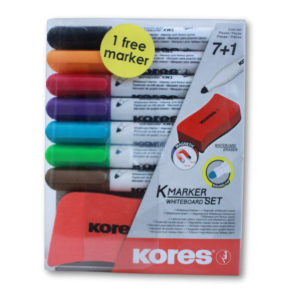 Kores K-Marker Whiteboard Markers, Assorted Colours, Wallet of 7+ Eraser