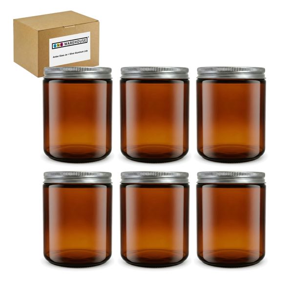 Amber Glass Jar with silver aluminum lids 260ml for Creams Candle combo x 6