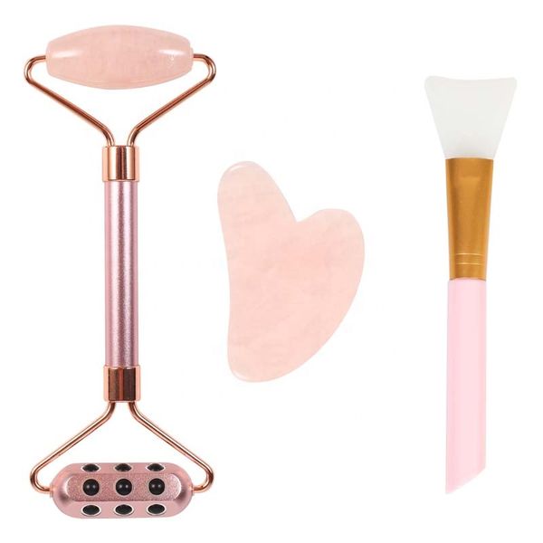 3 in 1 Rose Quartz Gua Sha &amp; Studded Roller &amp; Face Brush Set