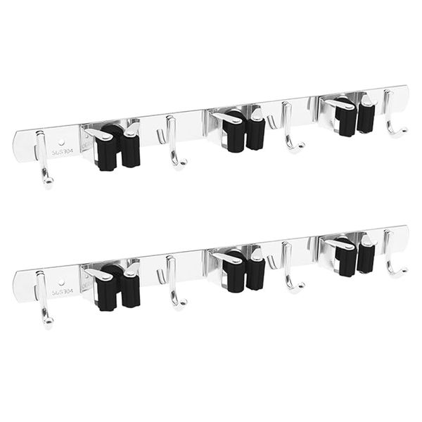 2 Packs Mop Broom Holder Wall Hanging with 3 Slots and 4 Hooks, 38x2.8x4CM