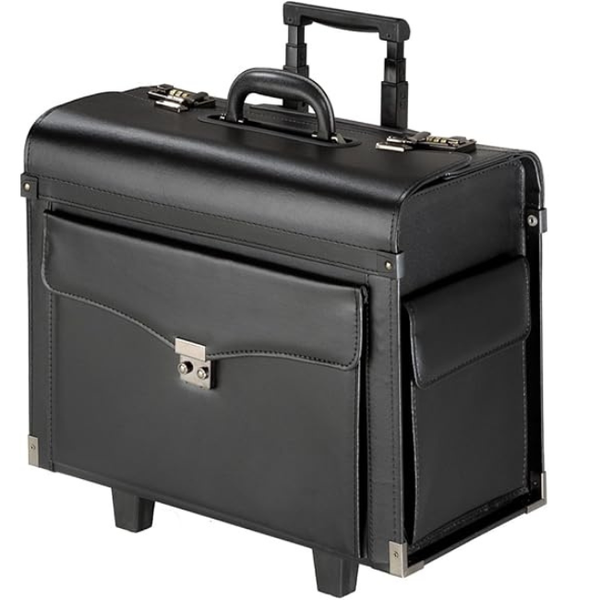 Dansup Executive Black Leather Pilot Case with Wheels -Large Laptop Trolley