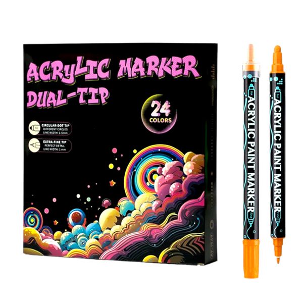 24-Color Dual-Tip Acrylic Paint Marker Set - Brush Tip and Fine Tip