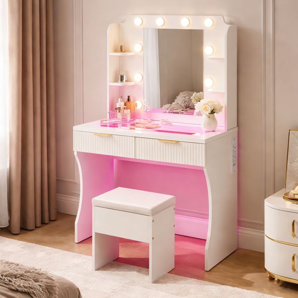 Vanity Set Dressing Table with Chair &amp; Mirror LED Lighted Side Charging