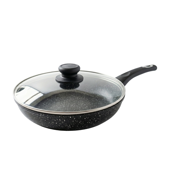 Stone-Effect Non-Stick Deep Frying Pan with Glass Lid