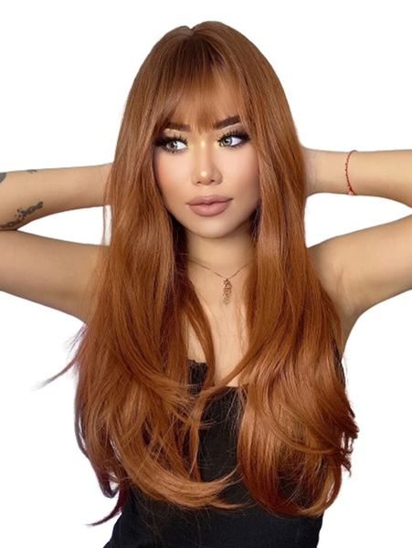 Rust Brown Long Curly Synthetic Wig With Fringe