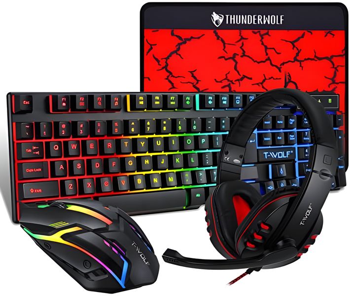 T-Wolf Gaming Combo Keyboard/Mouse/Headset/Mouse Pad Wired Set