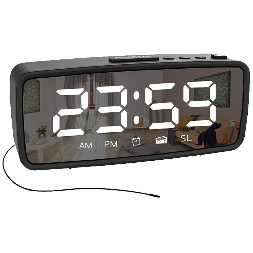 Digital Alarm LED Mirror Clock with FM Radio Snooze 3 Levels Dimmer