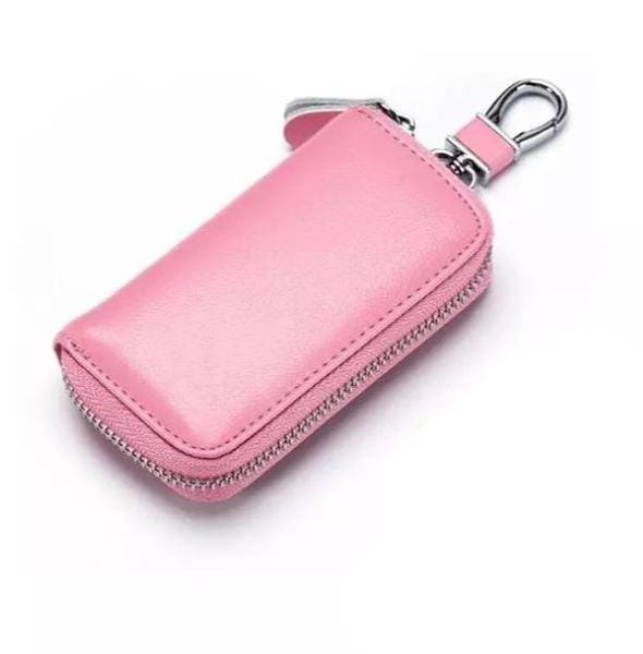 Car Key Case Leather Keychain Holder/Keyring Zipper Bag/Case- Pink