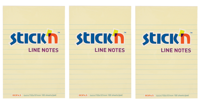 Stick'n Adhesive Sticky Notes Lined - Pastel Yellow 152mm x 101mm - Pack 3