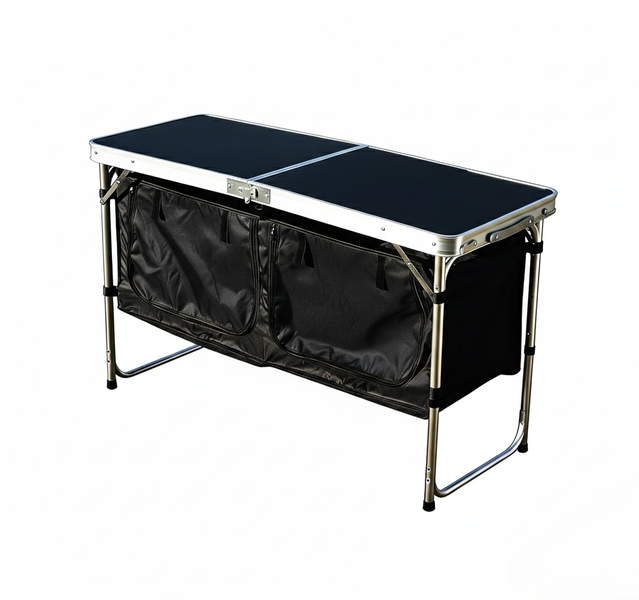 Double Folding Camping Cupboard Table with Storage - Black