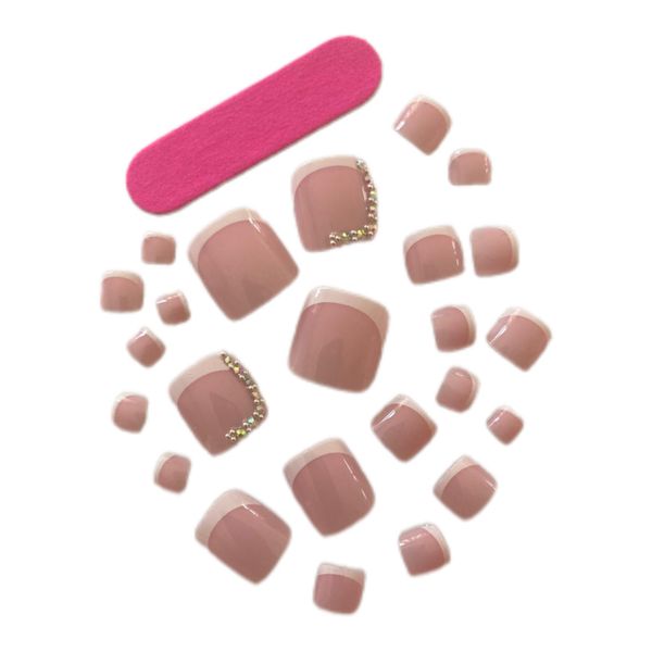 24pc French Rhinestone Decor Short Square Press-on Toe Nail Kit