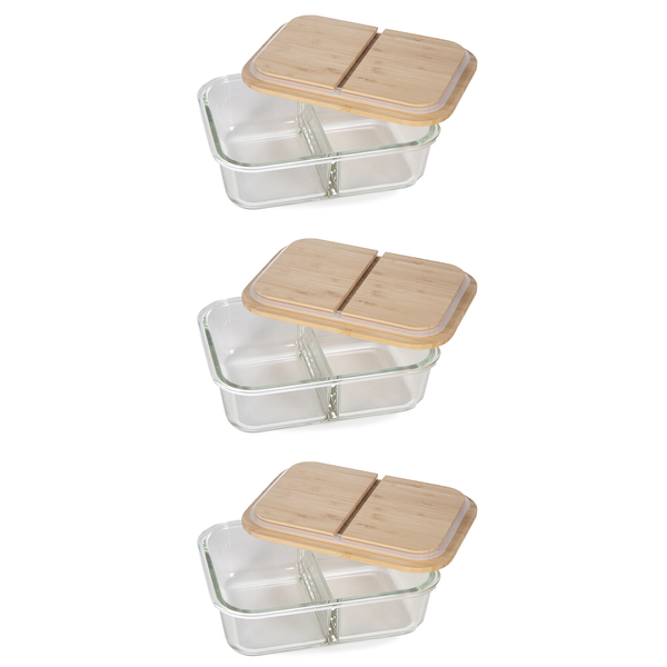 Large 1.2L Split Compartment Glass Container with Bamboo Lid - 2 Pack