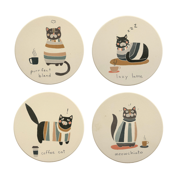 Designer Ceramic Coasters with Holder - Cute Cat Collection - Set of 4
