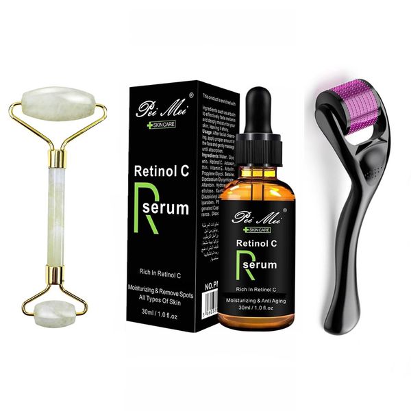 Retinol C Serum With Derma Roller &amp; Jade Roller Facial Massager