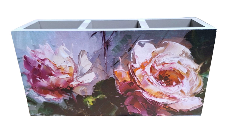 2 Roses in Bloom with Green Leaves Cutlery or Stationary Holder