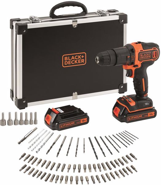 BLACK+DECKER 18V Cordless Hammer Drill + 80 Accessories + Metal Case