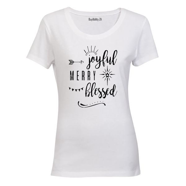 Joyful - Merry - Blessed - Ladies - T-Shirt - White