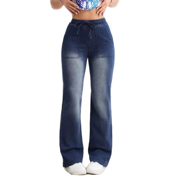 Women Elastic High Waist Drawstring Jeans Stretchy Straight Leg Denim Pant