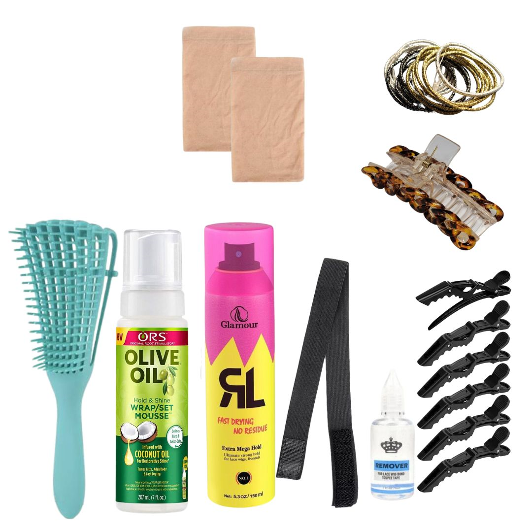 Detangling brush, olive mousse, wig spray, band, remover, cap, hair tools Shop Today. Get it