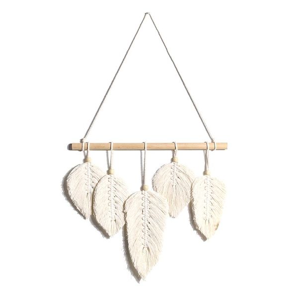 Home Decor White Macrame Hanging Feather Tapestry Boho Wall Art - 35cm