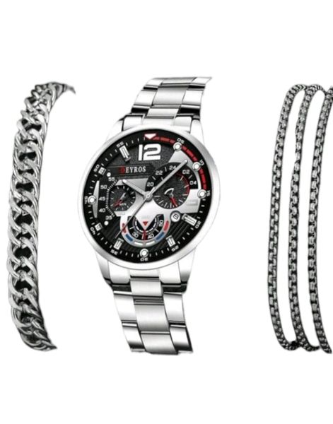 DE YROS Men Round Pointer Quartz Watch &amp; 2 Piece Jewelry Set