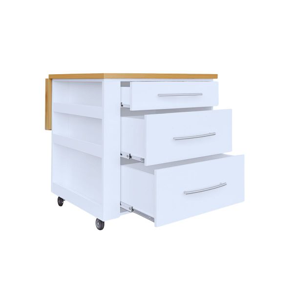 Large Kitchen Island on Wheels with Fold-Out Table and Drawers - White