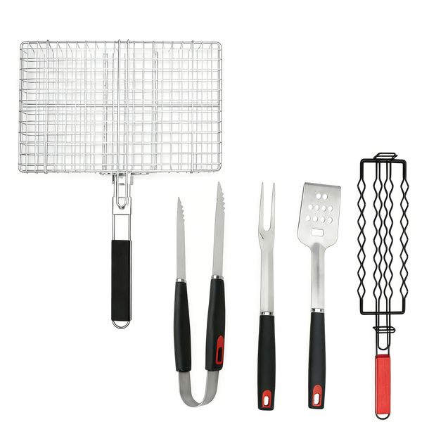 Folding BBQ Tool Set with Grill Rack,Fork, Spatula,Tongs&amp;Sausage Clip