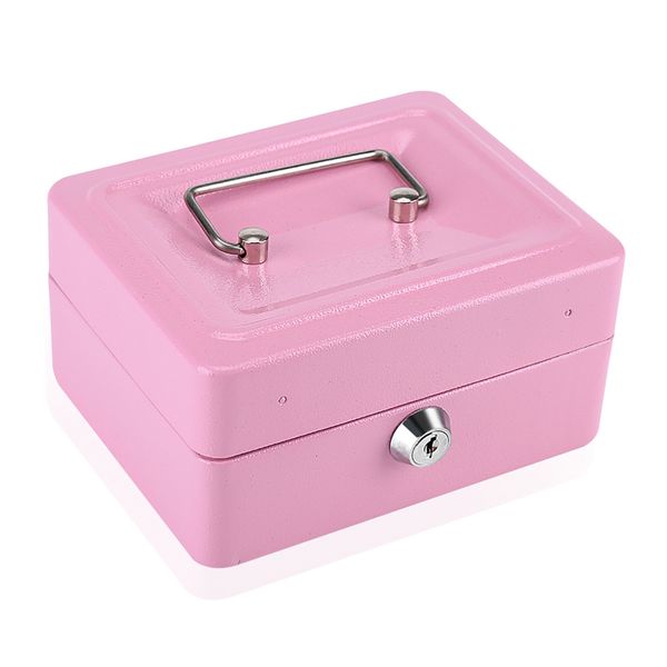 Mini Portable Steel Cash Coin Security Box, Key Lock, 15x12x7.5cm, Pink