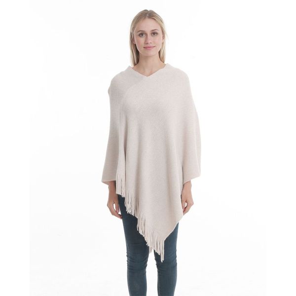 Chenille Tassel Poncho - Beige