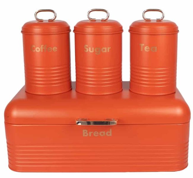 Upstairs Homeware Retro Bread Bin &amp; Canister Set - Set of 4 Orange