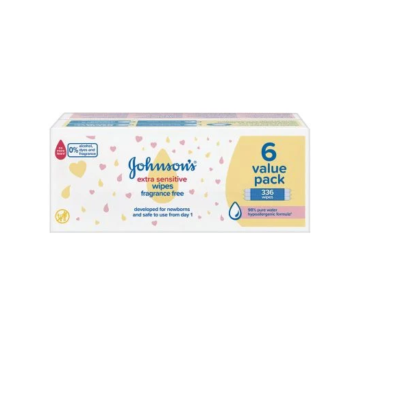 Johnson's Extra Sensitive Wipes Fragrance-Free Value Pack 6x56 Wipes