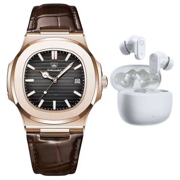 Golden Perfect Luxury Men's Watch &amp; Earbuds Gift Set - Perfect Gift for Men