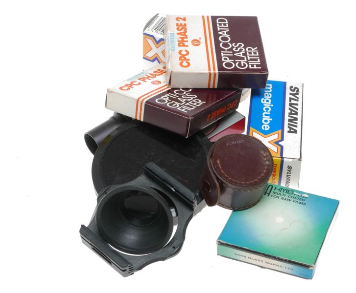 Vintage camera filter and pouch and hood accessories