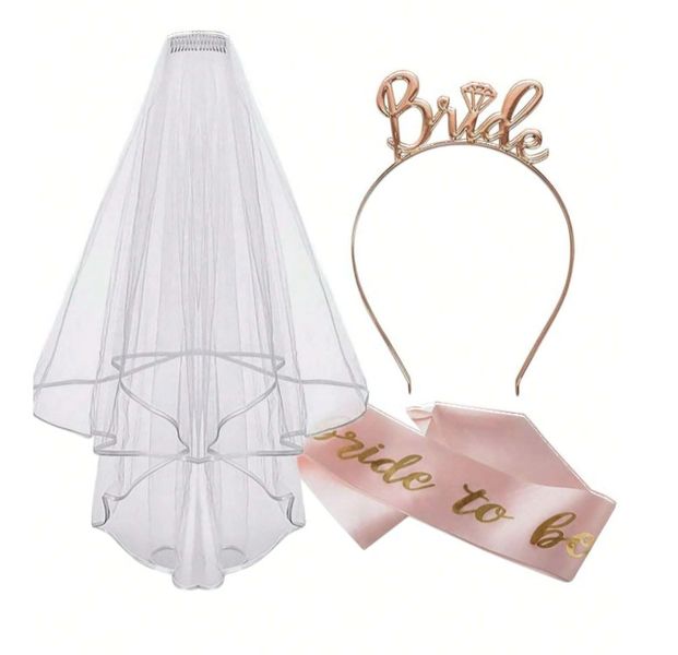 Complete "Bride-to-Be" Set For Bridal Shower Wear - Tiara, Veil and Strap
