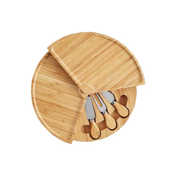 Folding Bamboo Wood Cheese Board with 3 Specialty Knives